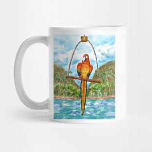 Red scarlet macaw parrot with nature landscape background Mug